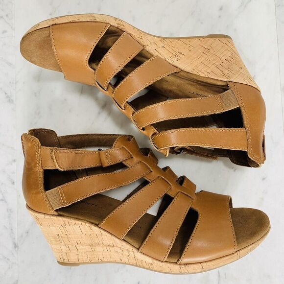ROCKPORT Briah Gladiator Wedge Sandal Women 7M Dark Tan Leather Strap BX1984 EUC - Picture 5 of 7
